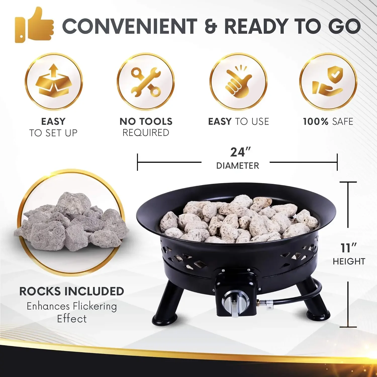 24 Inch Portable Gas Fire Pit Outdoor Camping Backyard Heater With Stainless Steel Burner For Patio Yard