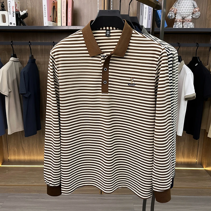 Luxury Brand Men's New Embroidered Long Sleeved Polo Shirt Autumn Designer Striped Lapel T-shirt Business Trendy Men's clothing