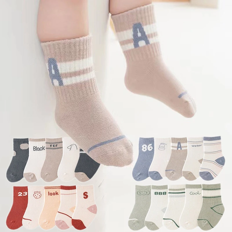 

5Pairs Children Middle Tube Socks Spring Autumn Cotton Sock 0-6Year Boys Girls Sport Breathable Footwear Cute Cartoon Baby Socks