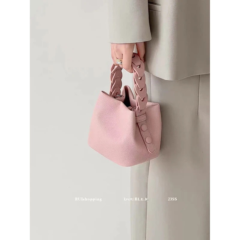 High Quality Soft Lychee Leather Bucket Bag Women\'s Summer Solid Color Woven Handbag 2024 New Fashion Simple Style Crossbody Bag