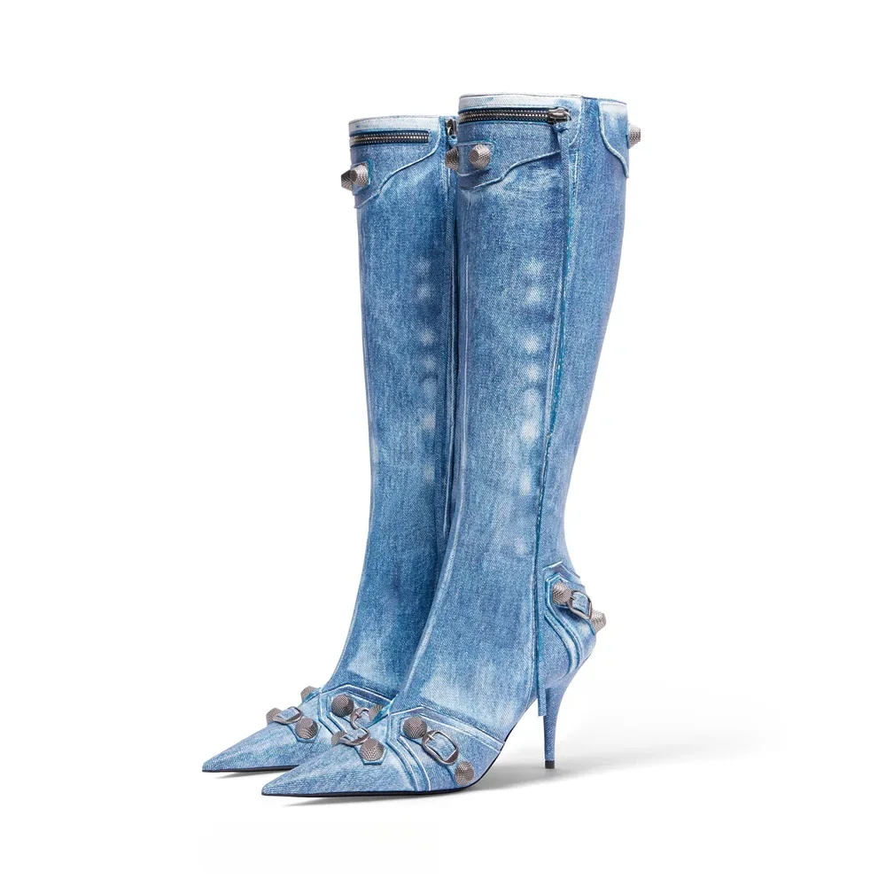 

Stiletto Pointed Toe Studded Tassel Knee Boots Denim Side Zip Cowboy Long Botines Plus Size Women Shoes Zapato De Tacon