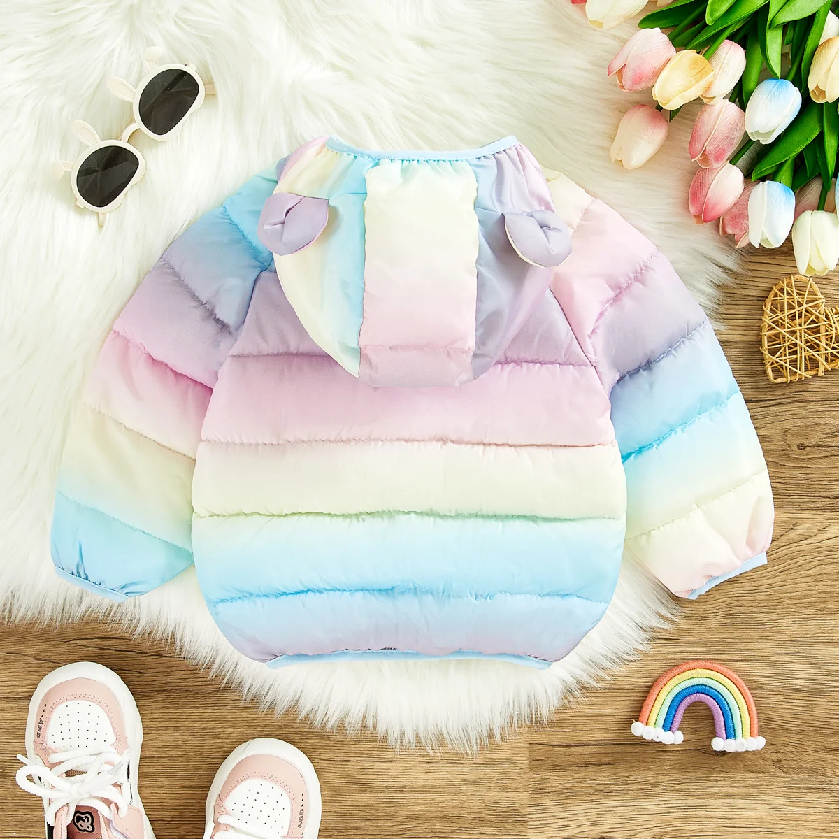 hibobi Winter Girls Cotton Coat Colorful Casual Cute Hooded Long-Sleeved Down Jacket Suitable For Children Under Five Years Old