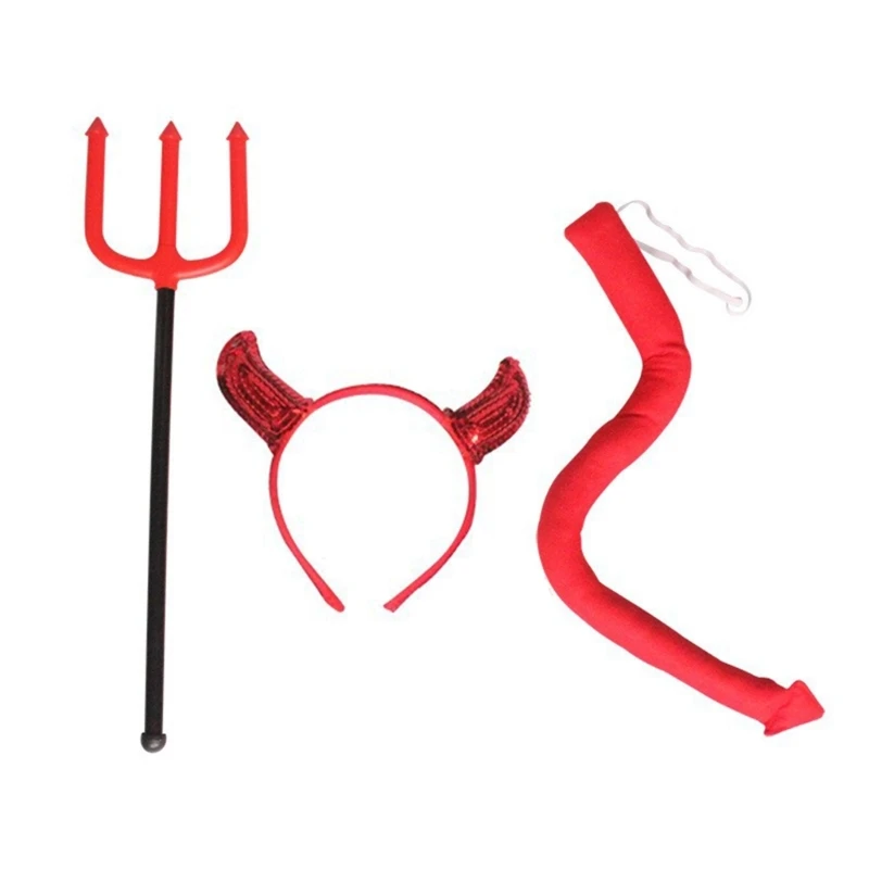 Cartoon Devil Horns Scepter Hairband Choker Tail Set Cosplay Hair Accessories for Women Girls Kid Party Headband