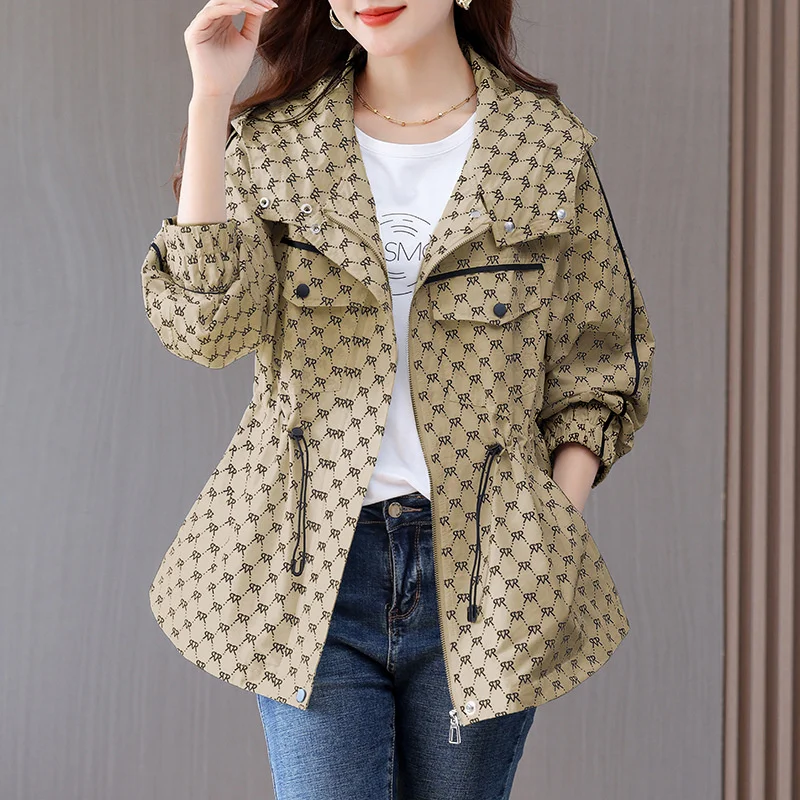 2024 New Spring Autumn Korean Casual Hooded Windbreaker Women Loose Temperament Fashion Print Trench Coat Female Outerwear