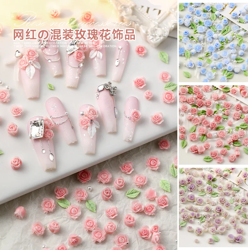 100Pcs Pink/Purple Rose Flower 3D Nail Charms 5/6/8mm Resin Rose Flowers Nail Art DIY Mixed White Pearl+Colorful Diamond Flower