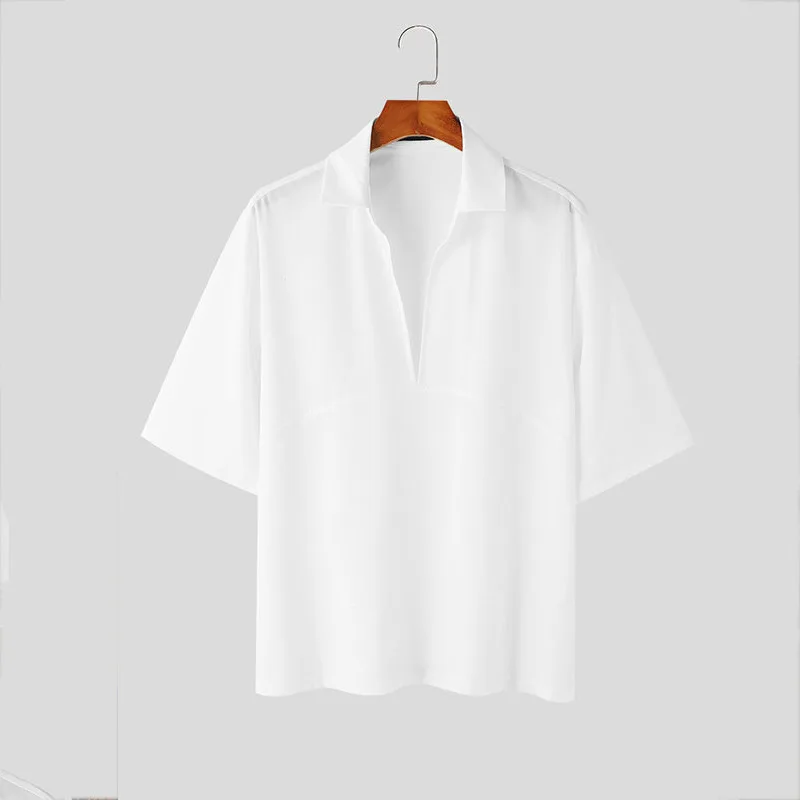 Summer Deep V T-shirt Short sleeved Elastic Bottom Shirt for Men's New Versatile Loose T-shirt