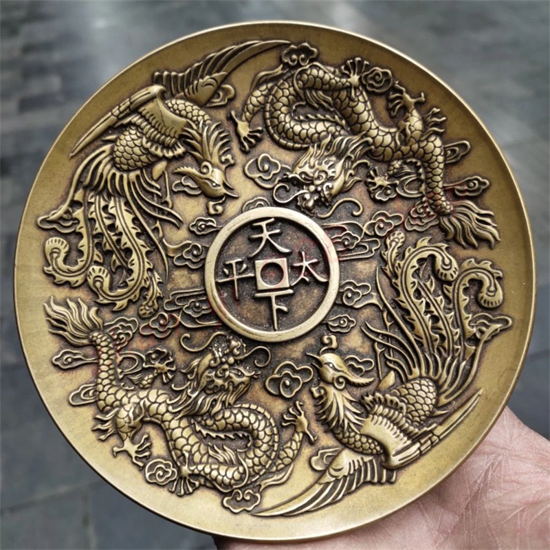 Auspicious copper plate, double dragons and phoenix, dragon flying and phoenix dancing, peaceful copper plate, auspicious