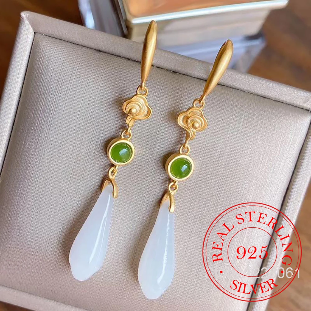 

925 Sterling Silver Jewelry Vintage Natural Jade Orchid Flower Long Tassel Drop Earrings for Women Wedding Party Jewelry Gift