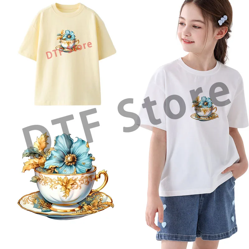 Watercolor Blue European Victoria Cup Iron On Patch dtf transfers ready to press Children's clothing iron on heat transfer