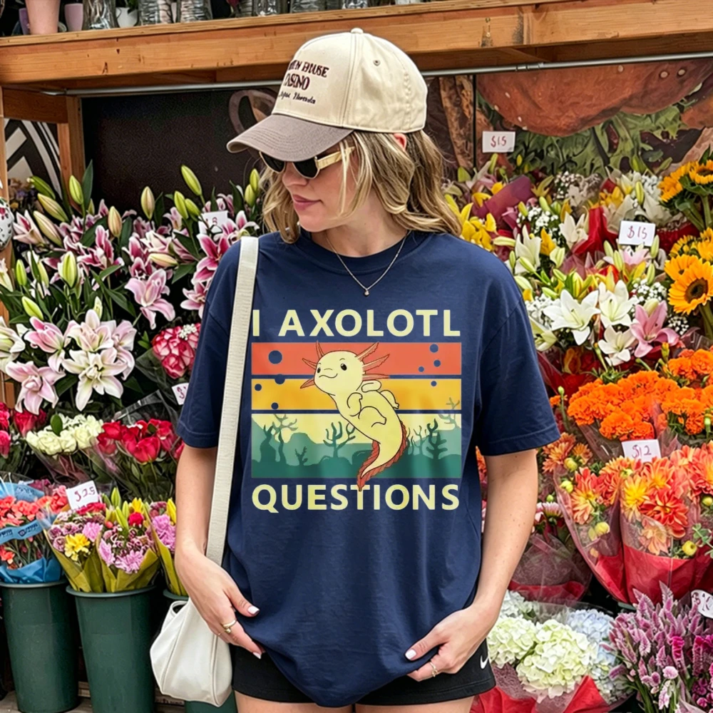 Retro Sunset Stripes Underwater Coral I Axolotl Questions Cartoon Print T Shirt Cotton Vintage Amphibian Pun Funny Animal Tops