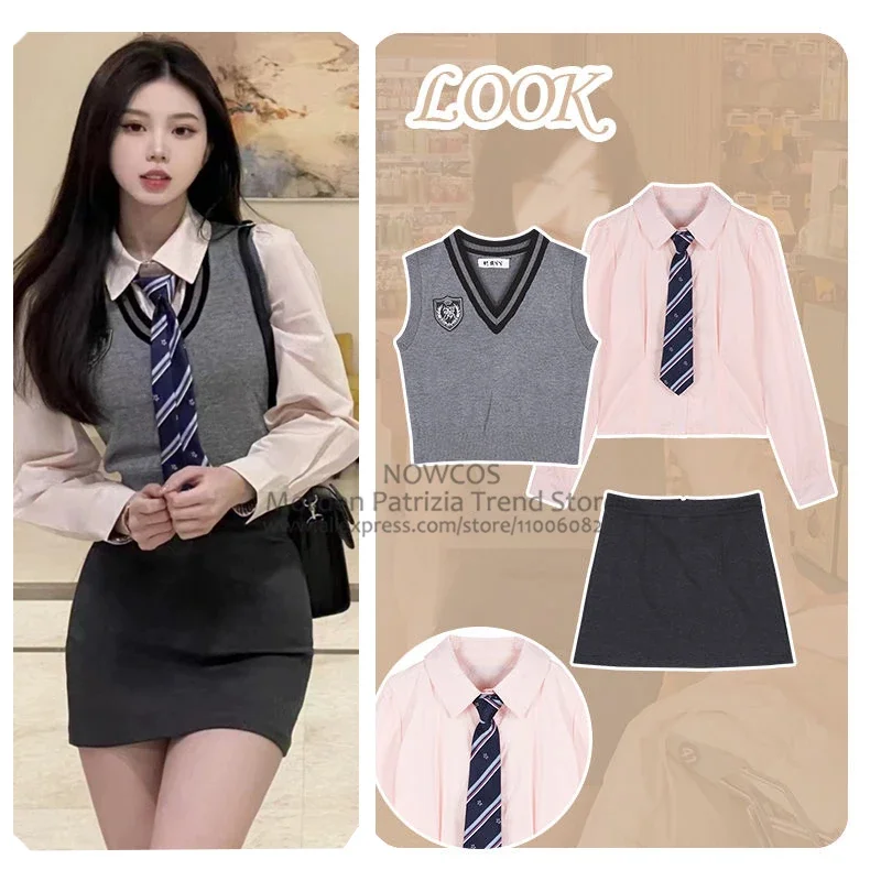 Conjunto de uniforme jk estilo academia coreana, outono/inverno, 4 peças, regata de malha cinza, camisa slim fit, envolto, quadril, mini saia, meninas, 2024