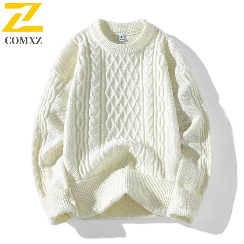 

COMXZ Cable Knit Sweater Men Japanese Trend Thickened Loose Fit Round Neck Yarn Coat Streetwear Ins Autumn Winter Knitwear 2025