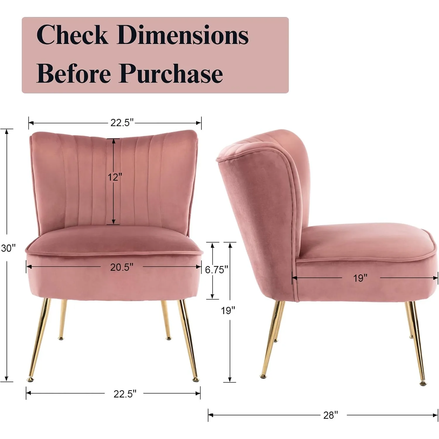 Velvet Accent Chairs Set of 2 Comfy Living Room Chair Armless Slipper Chair Mid Century Side Single Sofa Chair with Golden Legs Wingback for Bedroom Guest Room, Pink