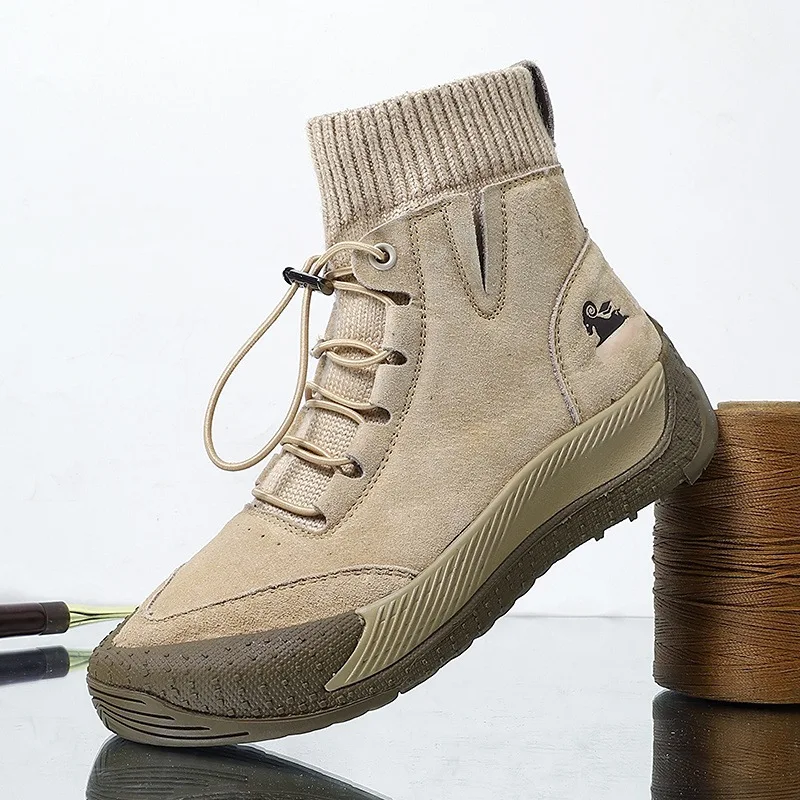 Trendy High Top Women's Hiking Shoes with Leather Toe Layer Women's Autumn and Winter Short Boots Anti Slip Casual Hiking Boots