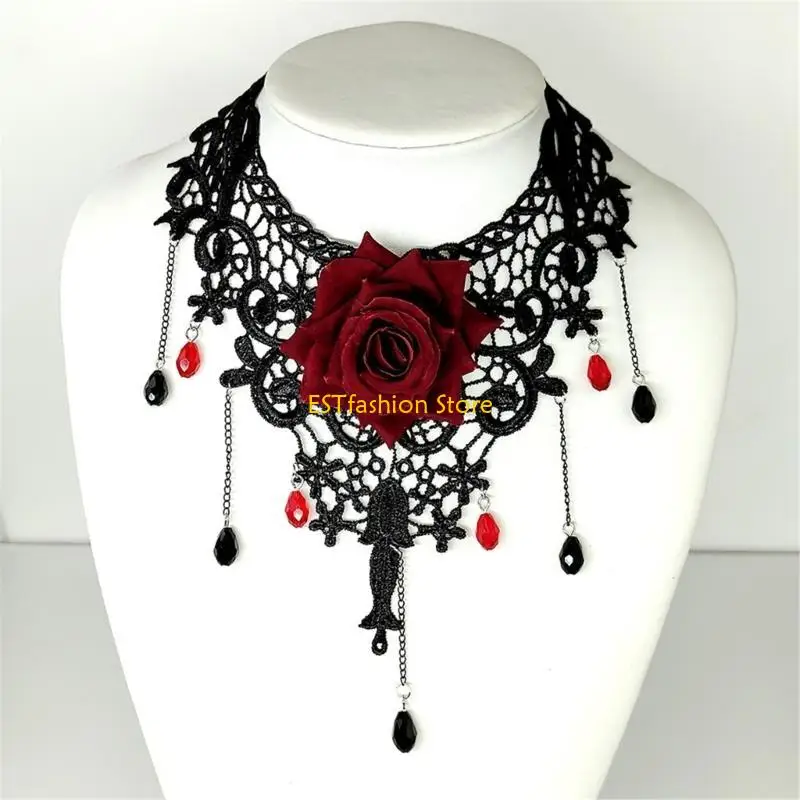 Y5GC Gothic Lace Choker Necklace Victorian Choker Necklace with Pendant Halloween Costumes Jewelry Accessories