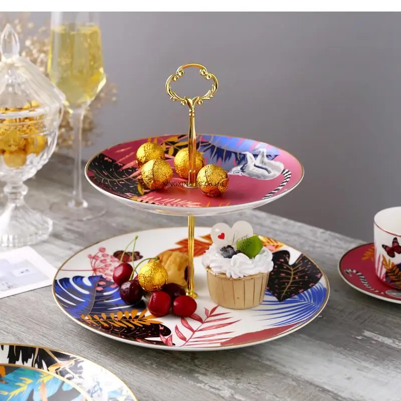 Nordic Light Luxury Cake Stand Double Fruit Plate Fantasy Jungle Animal Tray Household Dim Sum Candy Ceramic Tableware