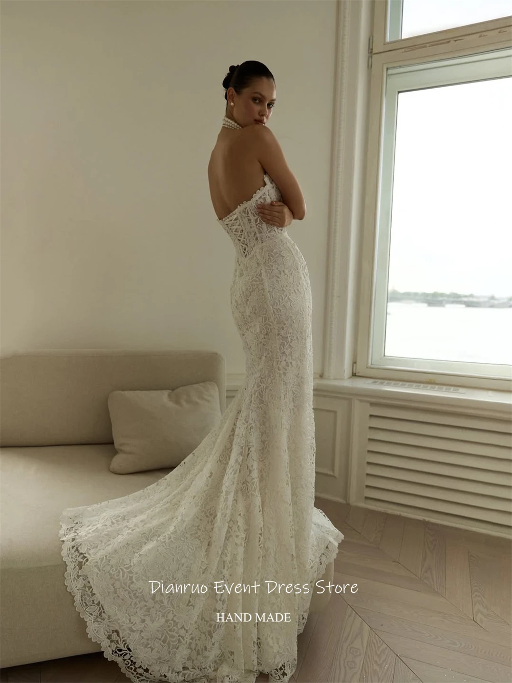 Dianruo Modern Long Formal Wedding Dress Intricate Mermaid Vestido Novia Civil Appliques Handmade Robe De Mariée Customized