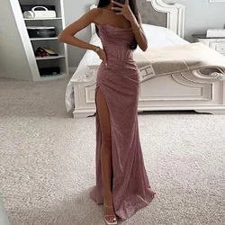 Women Elegant Slim Fit High Slit Backless Long Party Dress, Sexy Club V Neck Sleeveless Dress, Spring Summer 2024 Newest Vestido