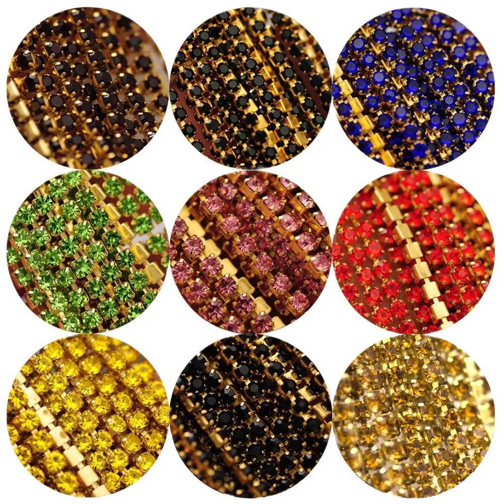 

10m Glitter Glass Crystal Rhinestones Chain Gold Bottom Sew on Cup Chains for DIY Jewelry Sewing Crafts Garment Accessories