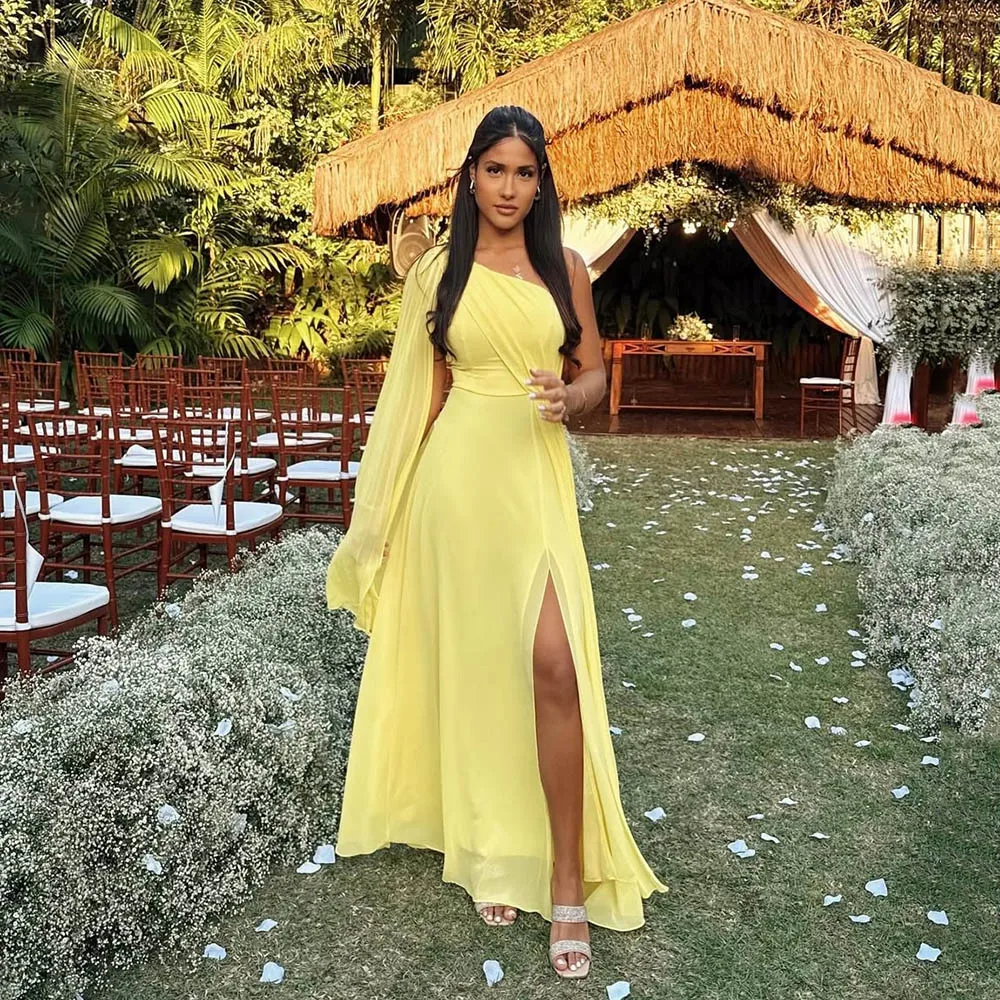 มิสกู๊ดส์ชุดราตรีสีเหลือง ชุดเดรสไหล่เดียวผ่าข้าง ผ้าชีฟอง ชุดงานแต่งงาน ชุดวันเกิดผู้หญิง ชุดออกงาน ชุดราตรีสั่งตัดได้