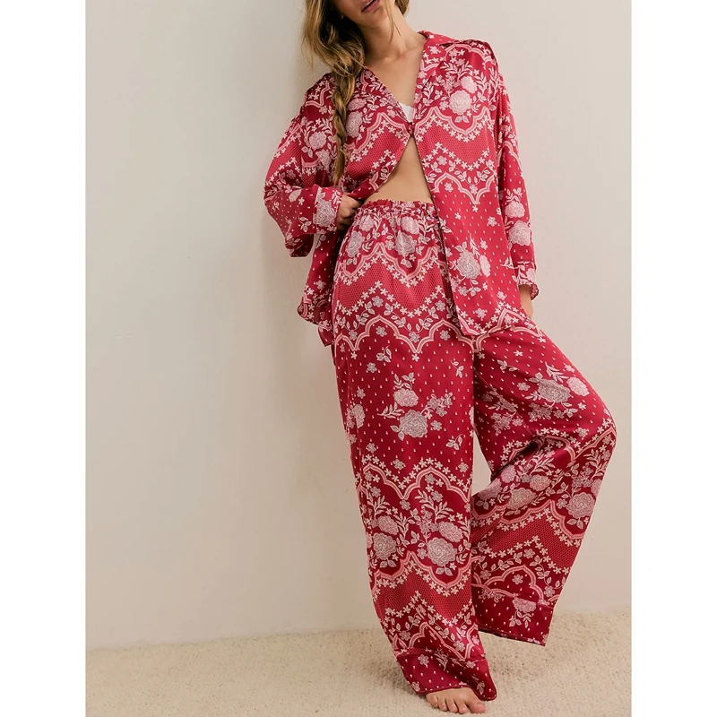 

Combhasaki Women Satin Silk Pajamas Set Y2k Floral Print Pajamas 2Piece Sleep Loungewear Button Down Shirts + Wide Leg Pants Pjs