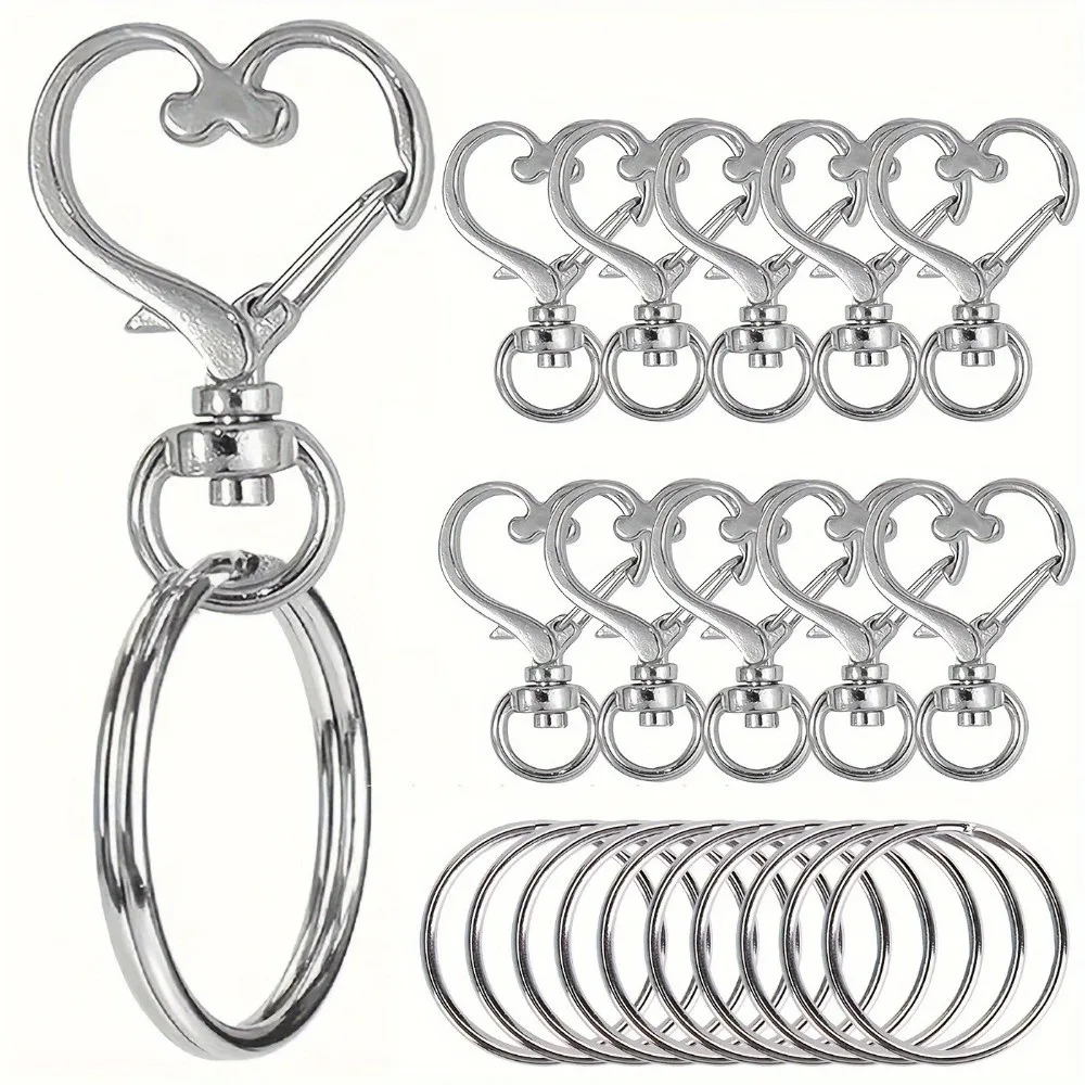 20pcs Set Heart Shaped Lobster Clasp Keyring Metal Gold Silver Lanyard Accessories Multi-Purpose Swivel Snap Hooks