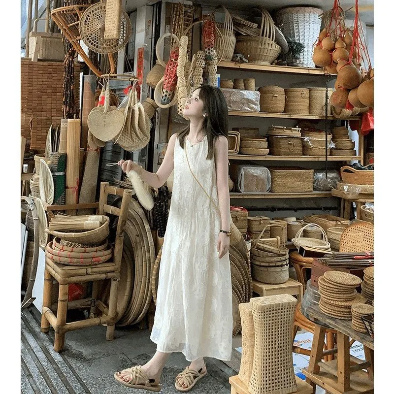 

Летнее женское платье 2026 года без спинки, свободного кроя, абрикосовое, длинное, в модном французском стиле, без рукавов, сексуальное, в стиле Y2K