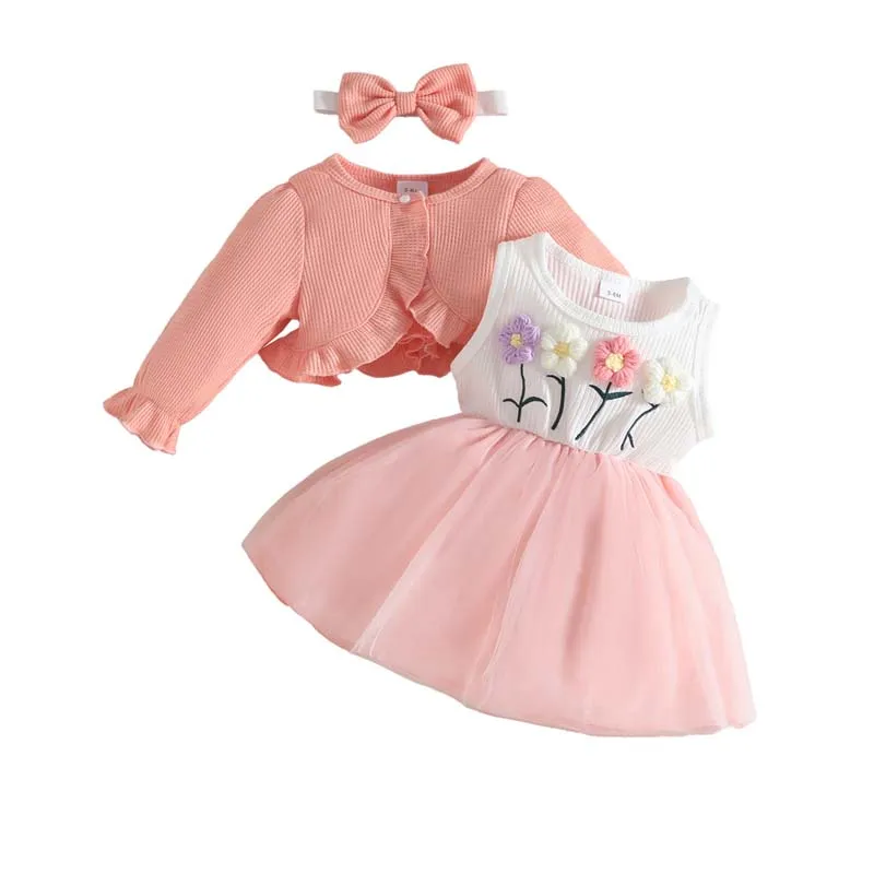 

3Pcs Set Baby Girl Clothes Autumn Sweet Pink Long Sleeves Coat Vest Flower Mesh Dress Hairband Toddlers Girls Outfits 1-3 Years