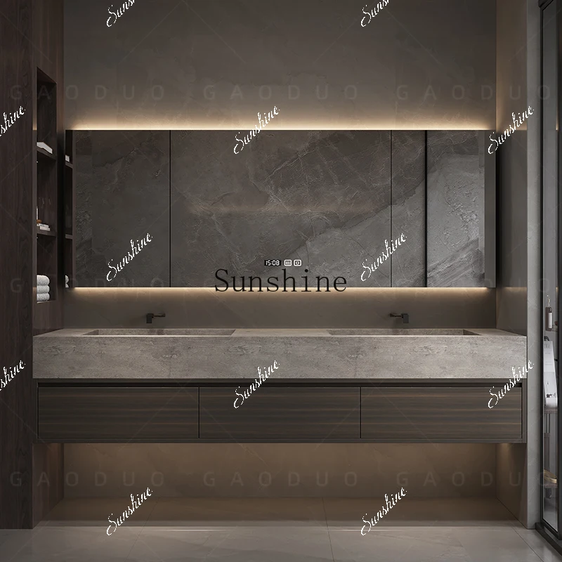 Rock slab integrated seamless basin bathroom cabinet combination high-end washtable single and double basin customization TF
