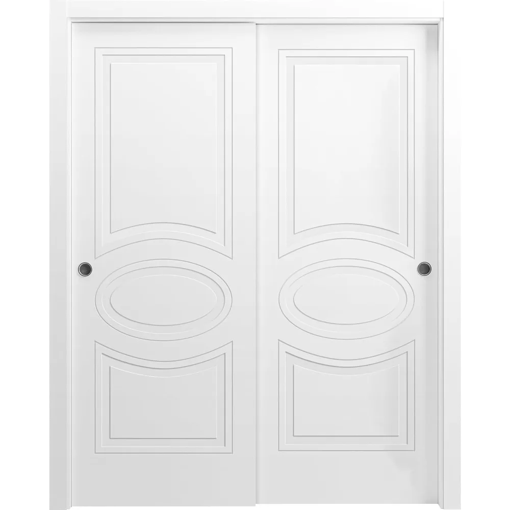 

Sliding Closet Bypass Doors 72 x 80 inches/Mela 7001 Matte White/Rails Hardware Set/Wood Solid Bedroom Wardrobe Doors