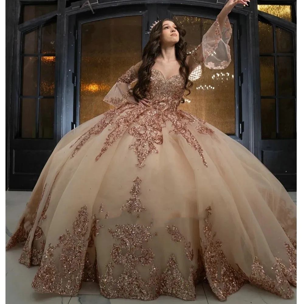 

Chamagne Charro Quinceanera Dresses Ball Gown Sweetheart Tulle Appliques Puffy Mexican Sweet 16 Dresses 15 Anos