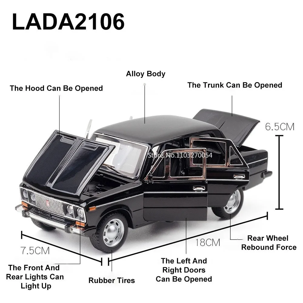 1/24 LADA 2106 Diecast Alloy Car Model Toy Metal Body Door Can Opened Toy Car Pull Back Sound Light Rubber Tire Vehicle Boy Gift