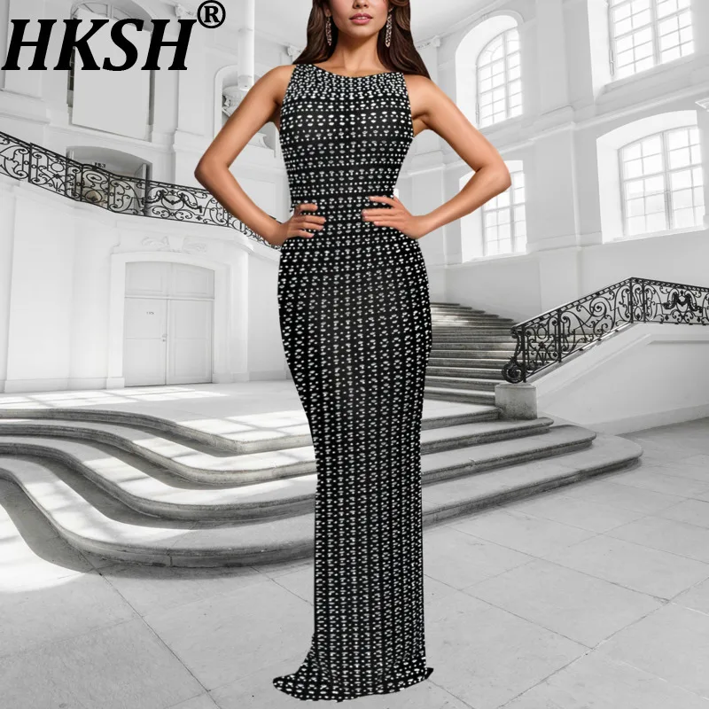 

Новое женское длинное платье HKSH 2026 Весна-Лето, без рукавов, с разрезом сзади, приталенное, с бриллиантами, роскошное, элегантное, модель HK18892