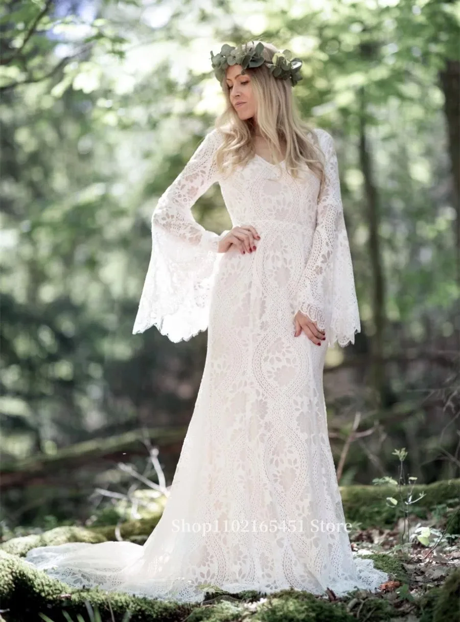 Flare Lange Mouw Trouwjurken Zeemeermin Boho Strand Bruidsjurken Kanten V-Hals Backless Country Bohemian Bride Mariage