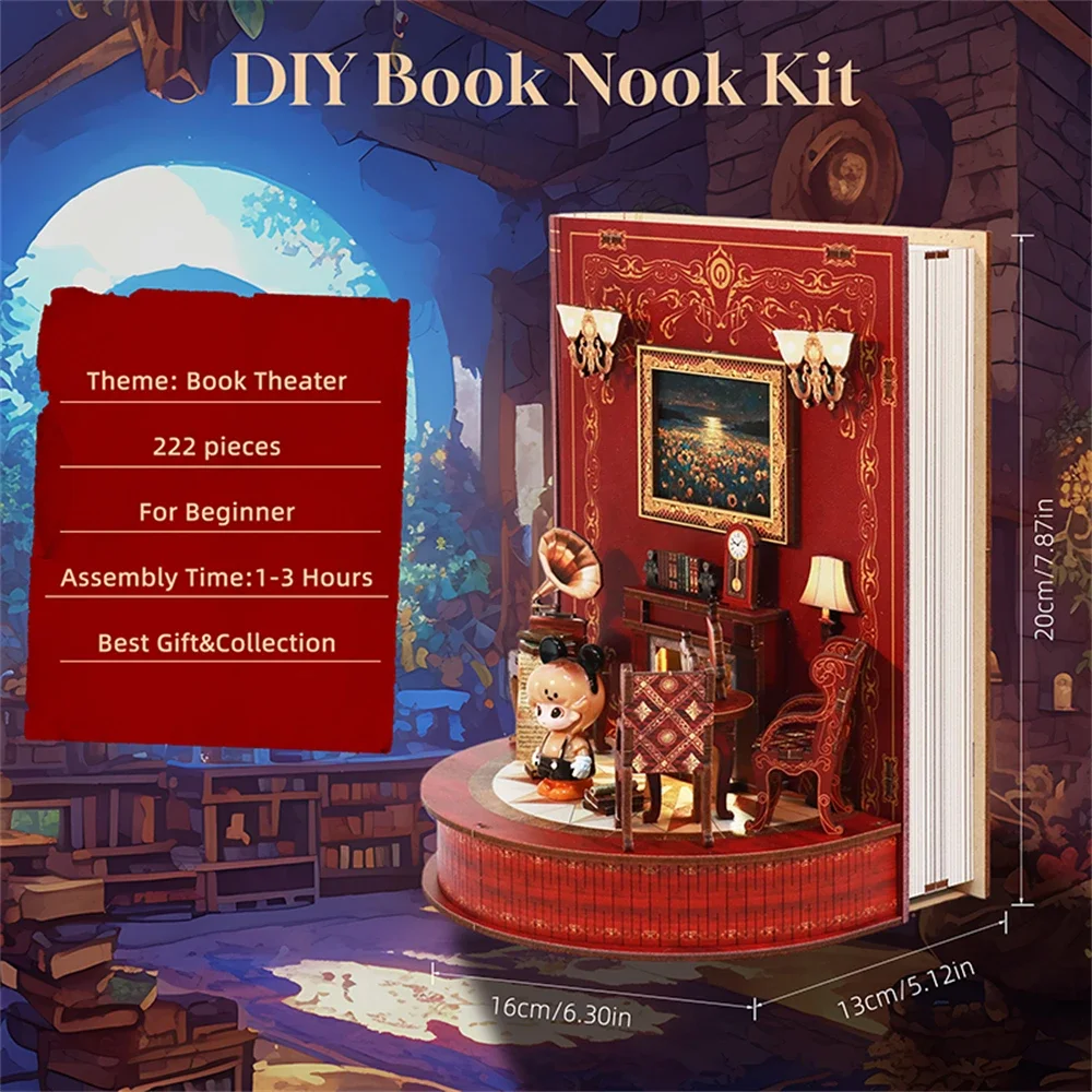 3D DIY Wooden Book Nook Kit - Handmade Book Theatre Puzzle Bookshelf Dollhouse Model Bookend Home Decor Building Kit