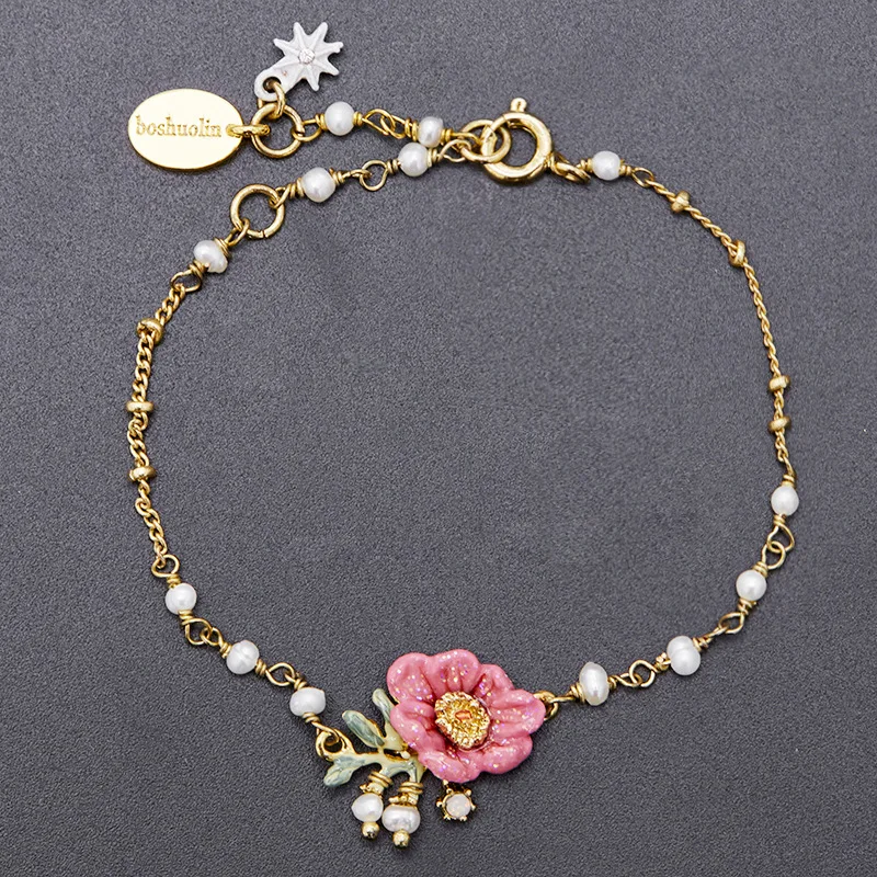 

Sweet Fashion Enamel Glaze Freshwater Pearl Sequin Pink Hibiscus Flower Snow Pendant Bracelet High Sense Accessories for Women