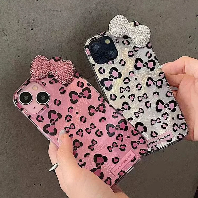 Funda con estampado de leopardo colorido, destellos, moño de diamante y forro brillante para iPhone 16 15 14 Plus 13 Mini 12 Pro Max 11 7 8 SE X XS XR 5