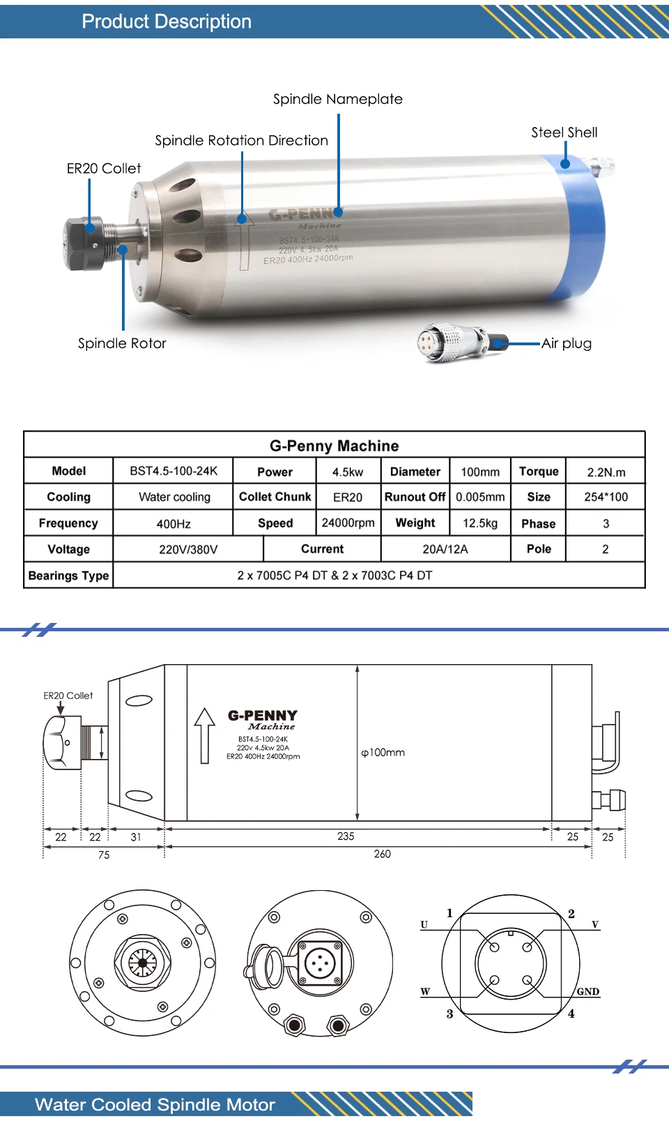 G-Penny 220V/380V 4,5KW CNC Wassergekühlter Spindelmotor Bullet-Typ ER20 100mm 24000rpm 400Hz Holzbearbeitungs-Frässpindel – Detail 3