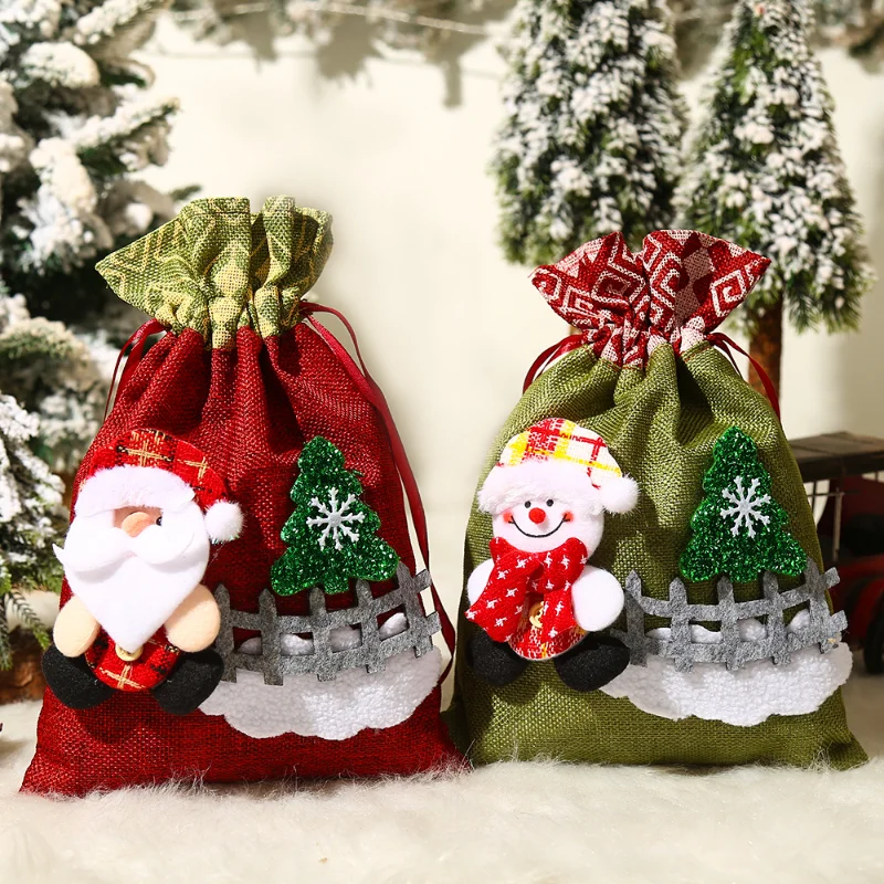 

2023 Christmas Decoration Cute Old Man Snowman Fence Tote Bag Candy Gift Drawstring Pocket Kids Holiday Gift Bag Bolsa De Regalo