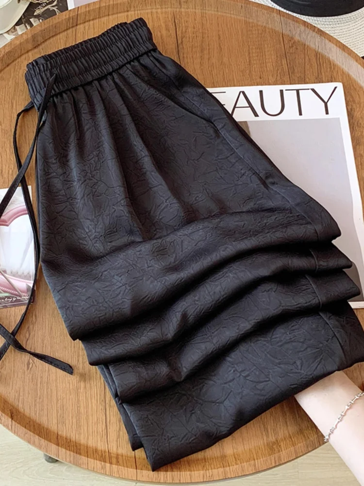 Ice Silk National Style Printed Casual Harem Pants Women Summer Thin High Waist Acetate Satin Straight Leg Pants Breathable