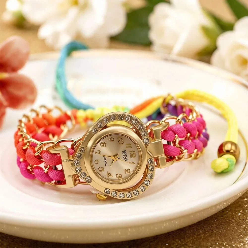 Loving Heart Gold Women's Dress Watch Sparkling Rhinestone Fabric Hand-Knitted Wristwatch Sweet Girl Colorful Clock