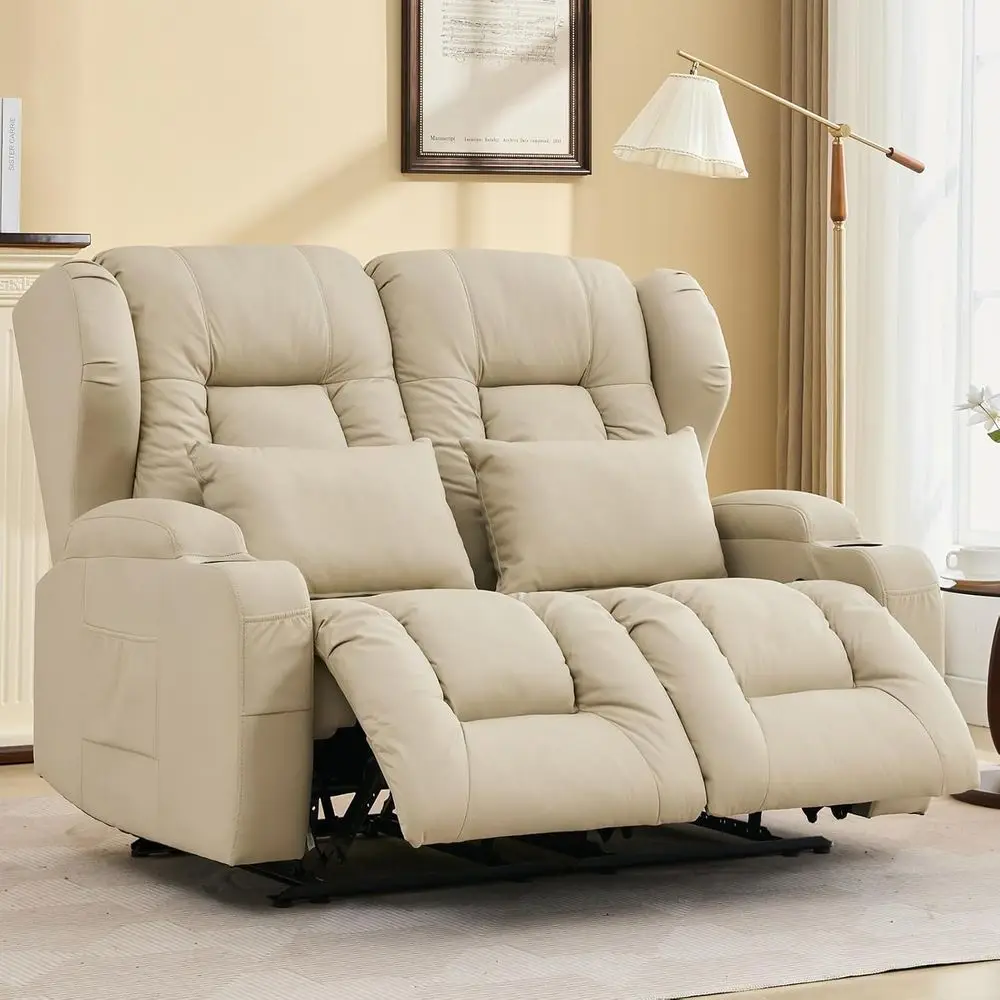 

54.2 Beige Manual Recliner Loveseat with Cup Holders and Side Pockets for Home Theater or Living Room