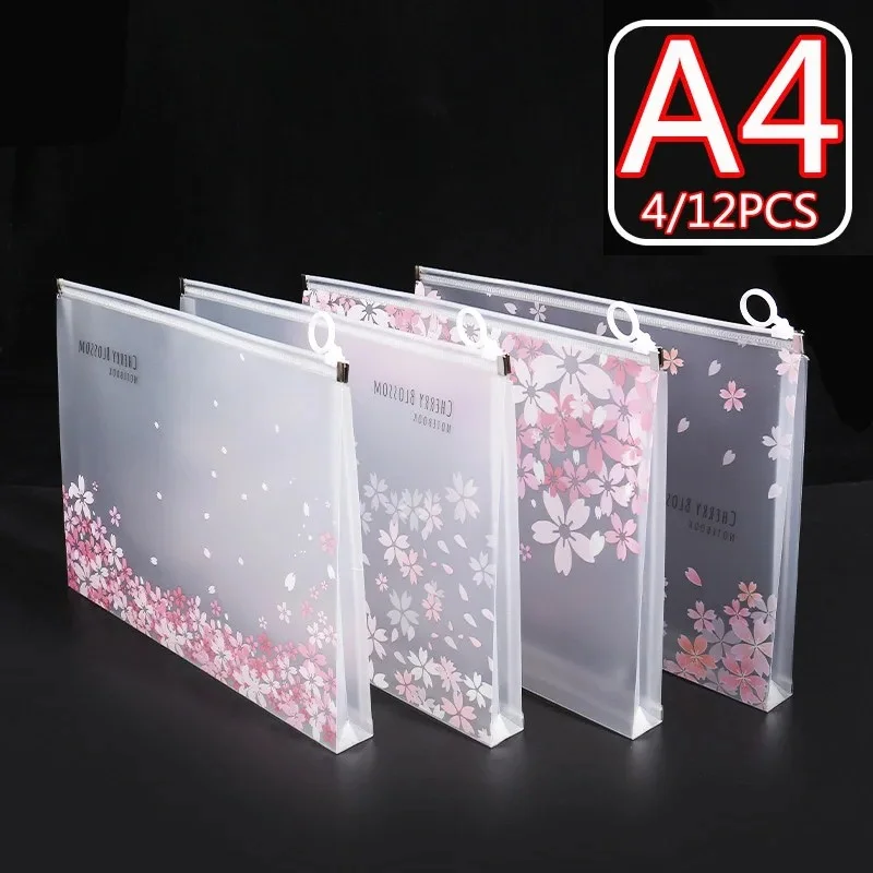 

4/12pcs A4 Zipper File Bag Safe PP Cute Sakura Folder File Pouch Stationery Storage for School Office Supplies Storage Organizer