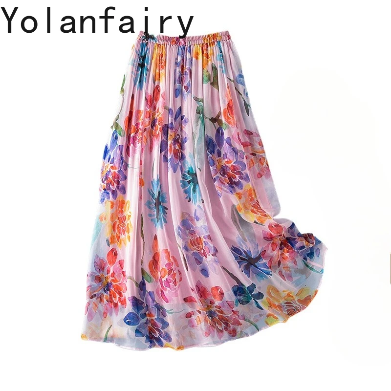 

Юбки YOLANFAIRY из 100% натурального шелка тутового шелкопряда для женщин, летние цветочные яркие юбки, женская одежда, элегантная юбка-зонтик с высокой талией