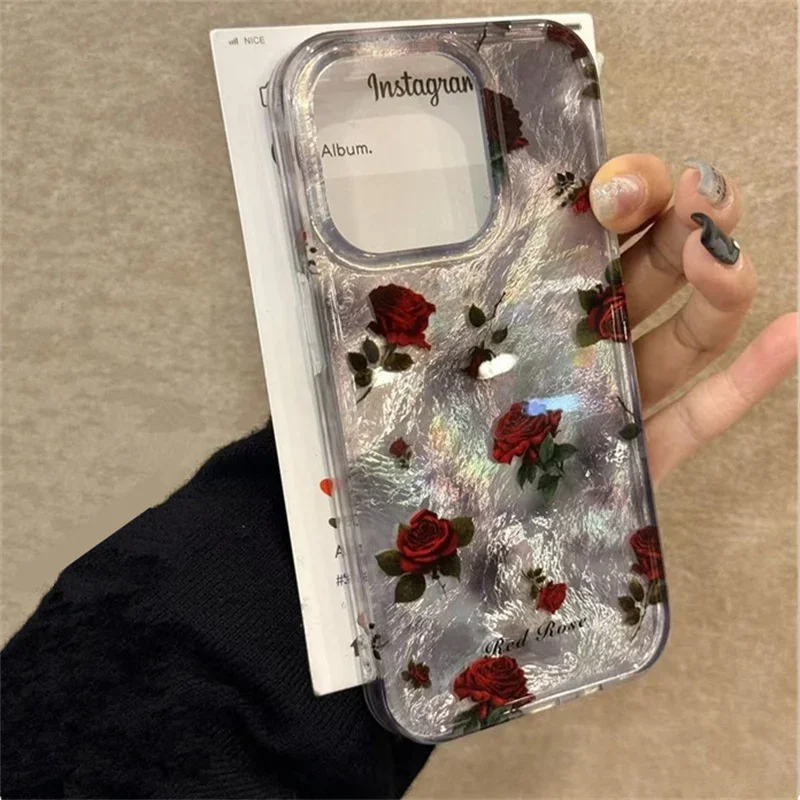 Korean Rose Flower Laser Tinfoil Pattern Phone Case For iPhone 16 15 14 13 11 12 Pro Max 16 Plus  Lovely Anti-fall Cover Funda