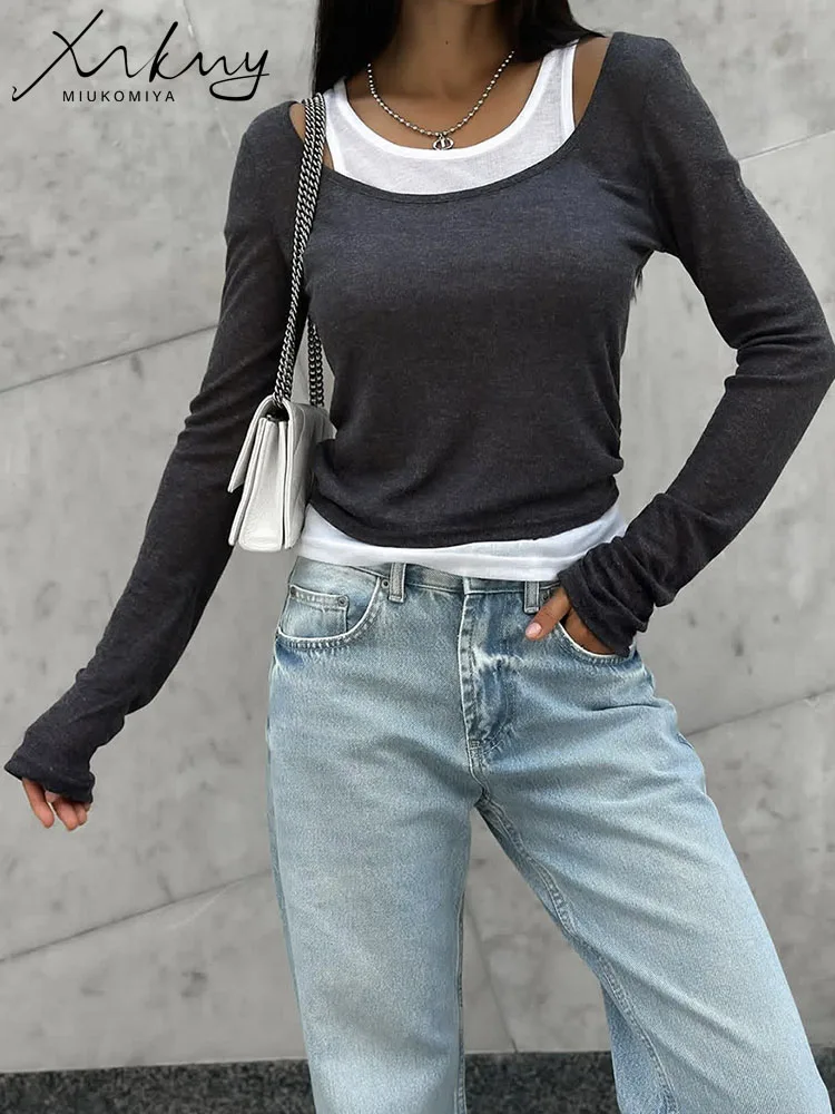 MiuKoMiYa Modal Long Sleeve T Shirts Women Vintage Elastic Tops Tees Ladies 2025 Spring Fake Two Pieces T Shirts For Women Black