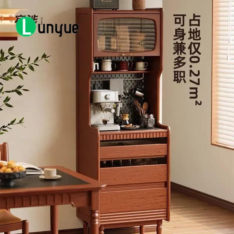 Solid Wood Side Cabinet for Dining Room Living Room Small Apartment Integrated Wall Wine Cabinet Tea Storage Locker Compact