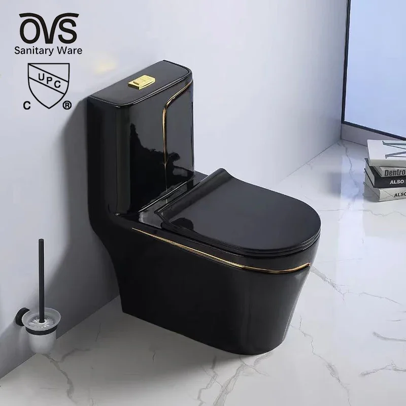 

Sanitarios Inodoros Wc Gold Line Design Bathroom Ceramic Elongated Toilet One-Piece Gold Black Colored Toilets Bowl