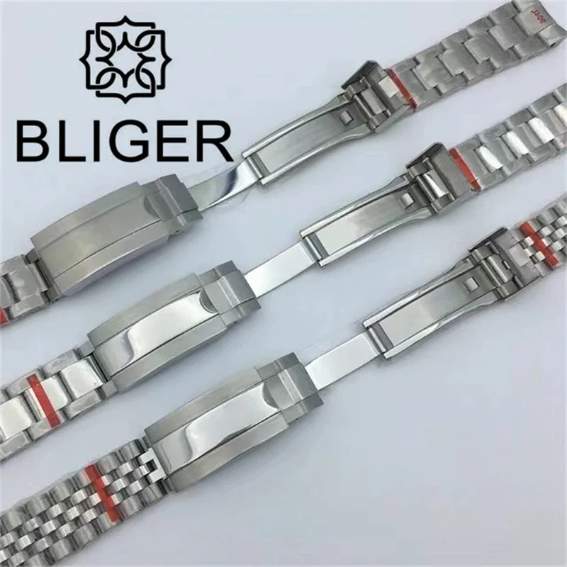 BLIGER 20mm Width Watch Band 904L Stainless Steel Slide Folding Buckle Polished Center Link/Brushed Oyster Jubilee Bracelet