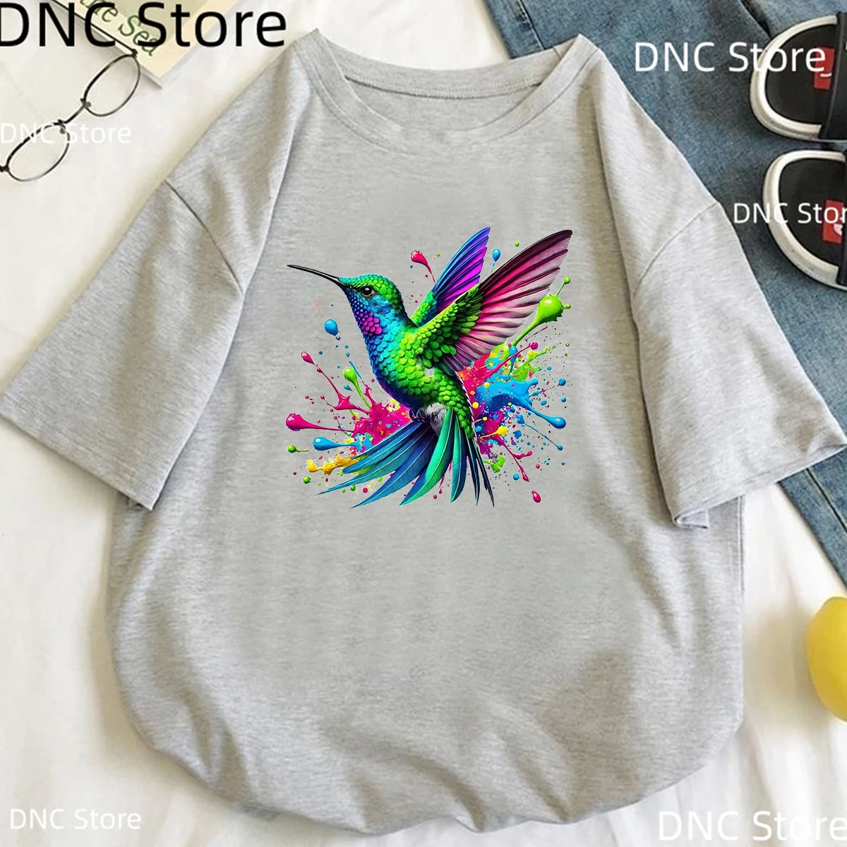 Watercolor Bird Print T Shirt Girls Funny Hummingbirds Tshirt Women Harajuku Kawaii Clothes Summer Grey Shirt Tops Tee